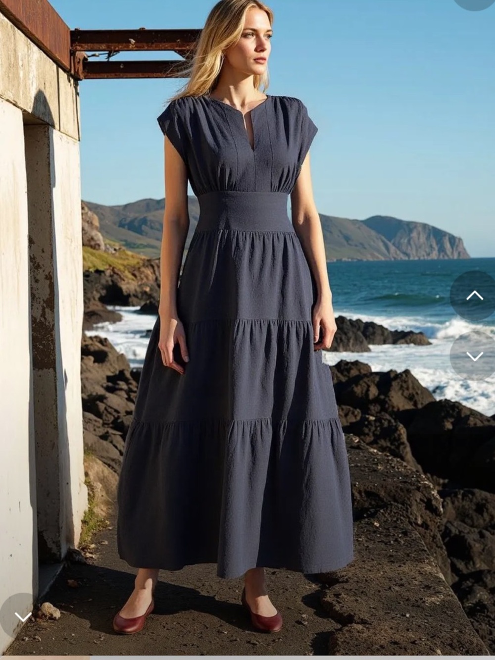 Maggie Best Selling Sammy Maxi Dress 100% European Linen Ruched, Tiered Navy XL